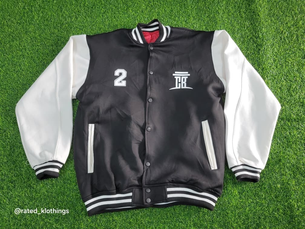 Custom Varsity Jacket — Embroidered branding on premium satin & leather-trim varsity